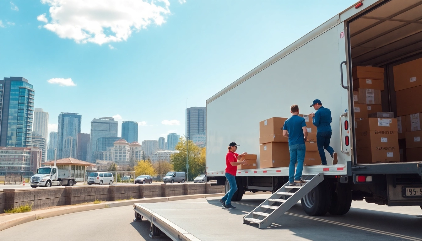 Calgary moving services team efficiently packing a moving truck in Calgary’s cityscape, highlighting professionalism and local knowledge.