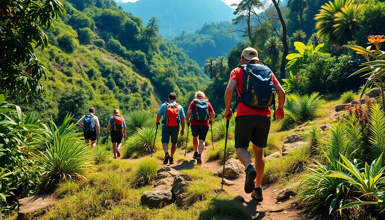 Trekking adventure in Indonesia: hikers navigating rugged jungle trails with backpacks and trekking poles.