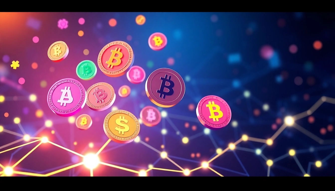 Colorful altcoins displaying market growth, set against a high-tech blockchain visualization
