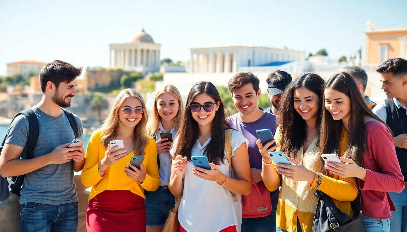 Engaging Greek chat users connecting via mobile app in lively city setting, emphasizing