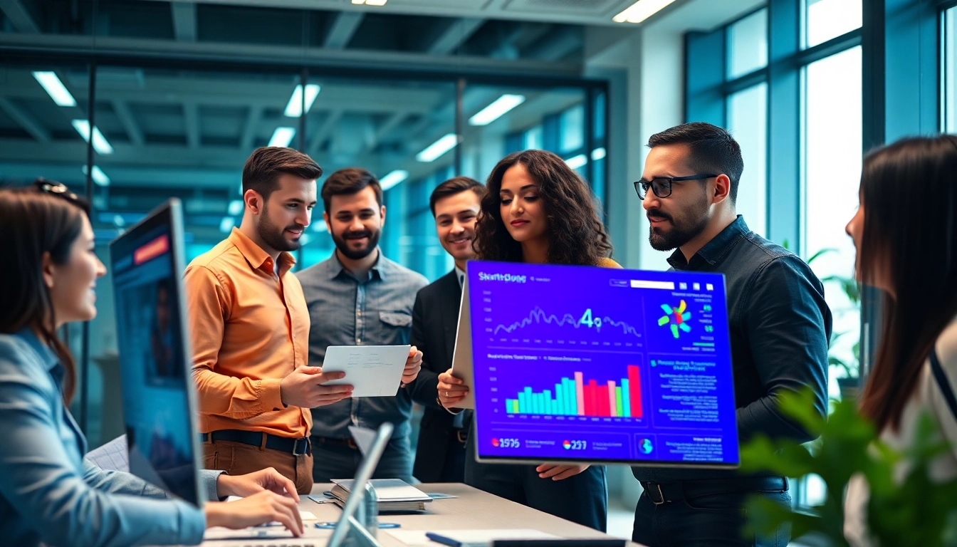 Professionals monitoring global startup updates with digital devices in a modern workspace
