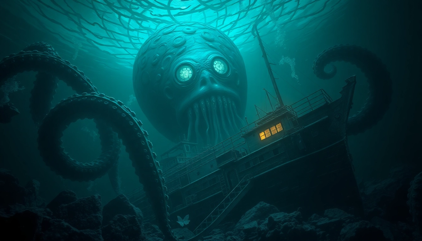 Powerful monster attacking a ship with large glowing eyes and tentacles reaching out in dark