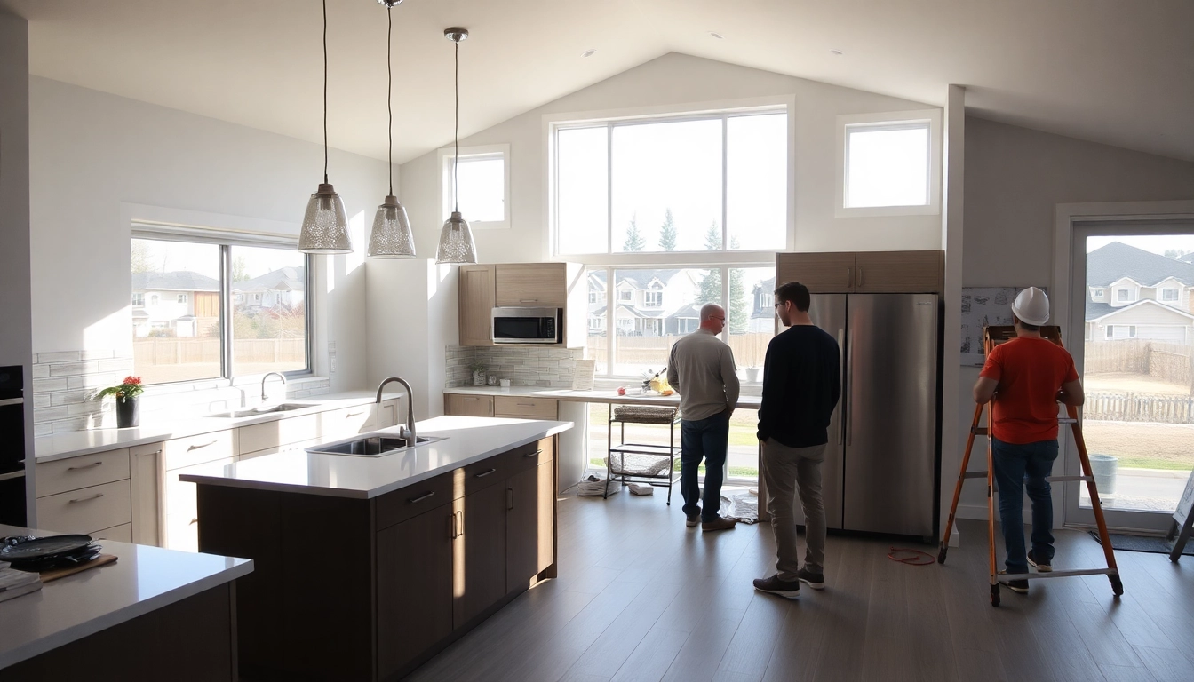 Professional team working on a home renovation in Airdrie, enhancing a modern kitchen with