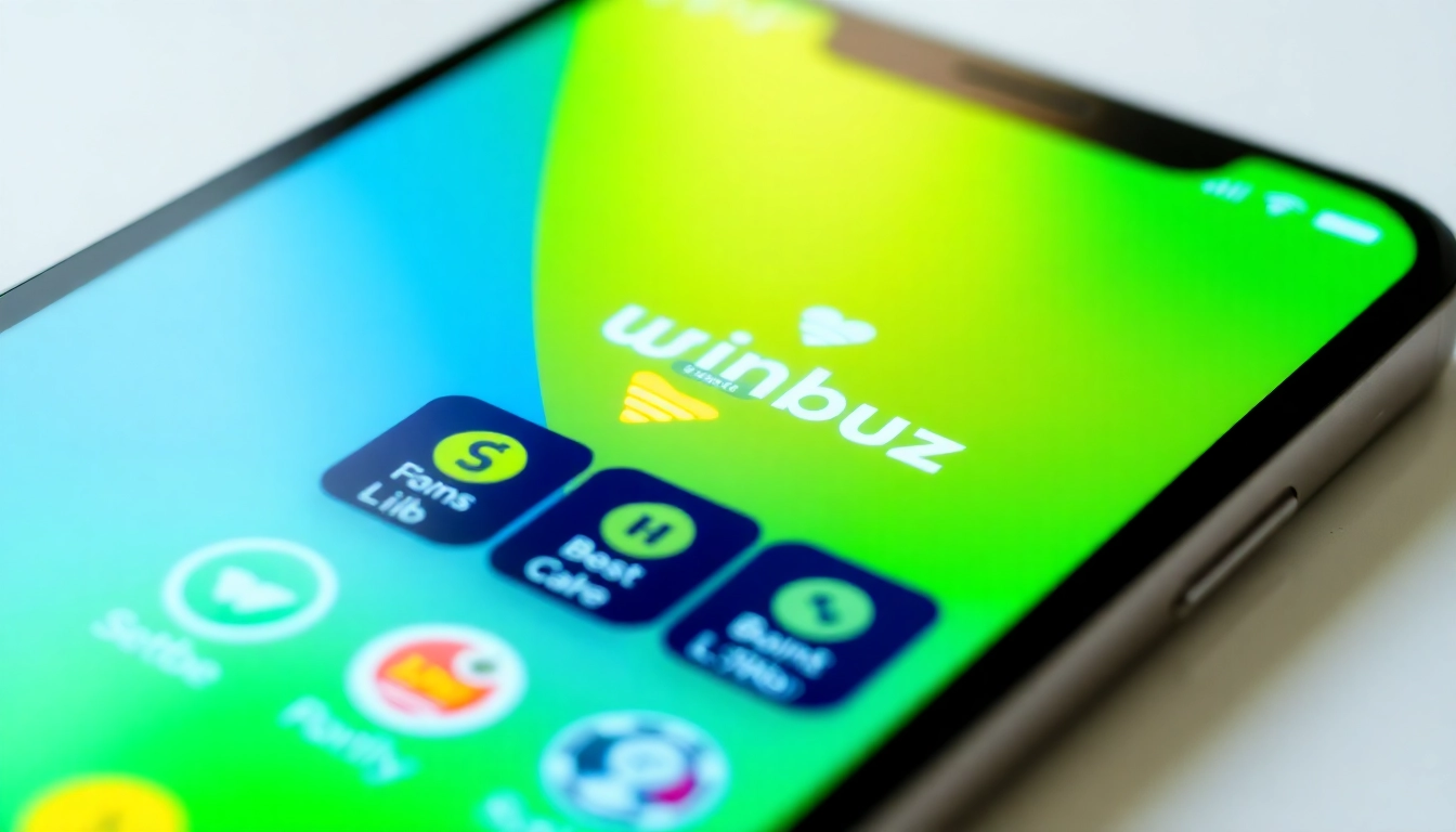 Engaging visual of the Winbuzz App displayed on a smartphone screen showing gaming and betting