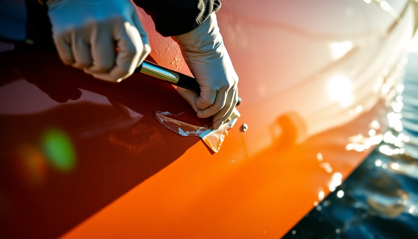 Professional applying Boots Versiegelung to a boat hull to protect and enhance the gelcoat